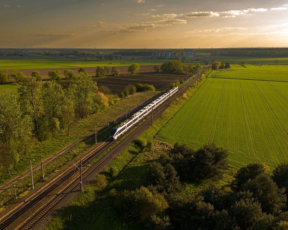Regionalny pociąg jadący przez jesienne pola w Brandenburgii